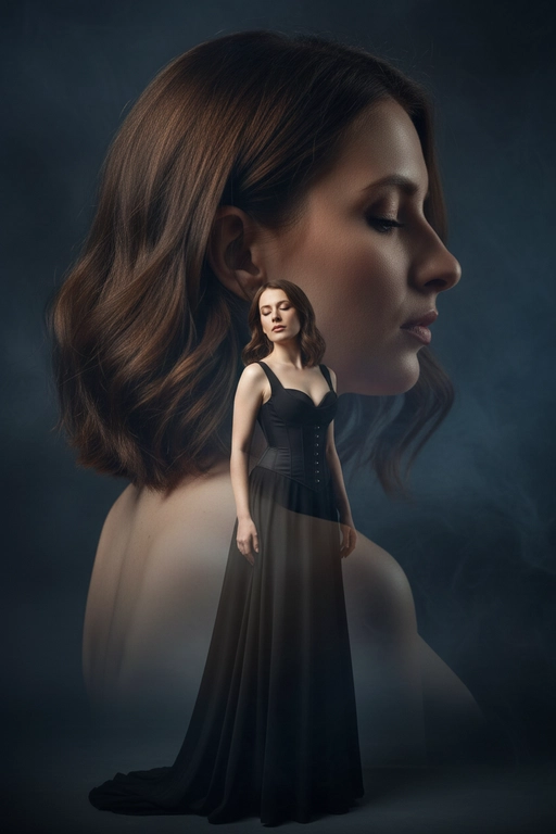 Реалистичный портрет красивой женщины, вдохновлённый референсной фотографией, волосы с легкой укладкой, элегантное чёрное платье с корсетными деталями, мягкое кинематографическое освещение, чувственная поза с закрытыми глазами, дымчатый фон, композиция с двойной экспозицией (крупный план лица сзади, портрет в полный рост спереди), высококачественная студийная фотография, богатый контраст, тонкая текстура кожи, реалистичные тени и блики, художественная глубина резкости, фотореалистичный стиль