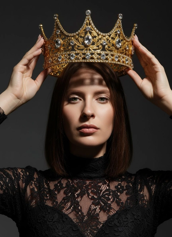 Модный портрет женщины крупным планом, стоящей прямо перед камерой, со слегка приподнятым подбородком. Она держит двумя руками почти над головой искусно выполненную корону с богатым филигранным орнаментом и крупными сверкающими драгоценными камнями. Корона находится в резком фокусе, отбрасывая тень на лицо. Освещение падает сверху, подчёркивая корону и создавая драматичный, контрастный эффект. Тёмная тень на лице усиливает ощущение таинственности и элегантности. Её платье – из тонкого чёрного кружева с высоким воротом. Фон темный, усиливая драматизм. Корона цвета желтого золота.