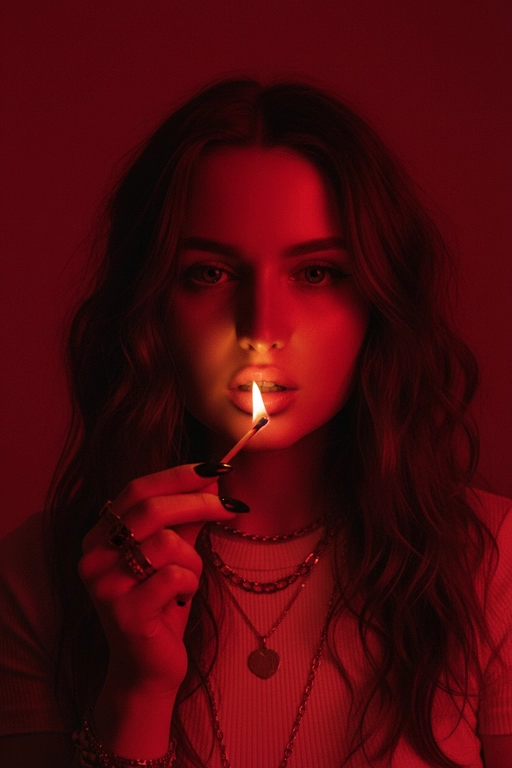 Используйте черты лица, как на прилагаемой фотографии.
смелый, кинематографичный портрет женщины, залитой темно-красным светом, которая подносит к губам зажженную спичку. Теплый отблеск пламени подчеркивает ее блестящие губы и создает эффектный отблеск на коже.
ее выражение ее лица напряженное и пленительное, обрамленное взъерошенными волосами, которые свободно ниспадают на лицо. На ней светлая рубашка и многослойные украшения, в том числе металлическая цепочка и крупные кольца. На ее длинных черных ногтях отражаются едва заметные блики света, усиливая мрачную, чувственную атмосферу. Красный фон и сдержанные тени придают глубину и визуальное напряжение, создавая эффектный образ в редакционном стиле.

Настройки камеры: iso 400, диафрагма f/2.0, выдержка затвора 1/160 сек, объектив 85 мм, ручная фокусировка, баланс белого 2800k, коррекция экспозиции -0,3 ev, подсветка одиночным пламенем с красной заливкой, минимальная зернистость, кинематографическое высококонтрастное освещение с плавными тональными переходами.
