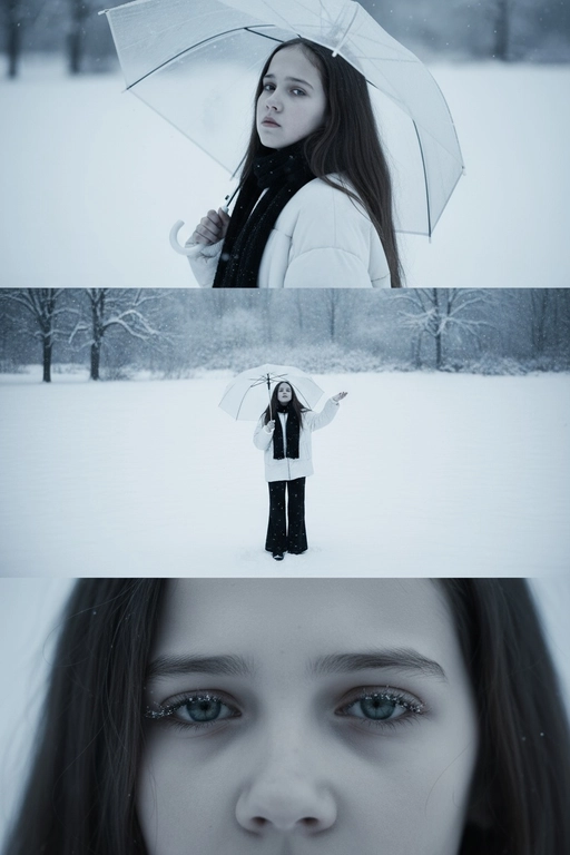 Создай вертикальный кадр, разделённый на три горизонтальных изображения одинакового размера, расположенных рядом. Главный персонаж основан на референсном лице, причёске и фигуре: фигура с выражением грусти и ностальгии, с глубокими глазами, излучающими одиночество. Наряд представляет собой свободный белый зимний пуховик, широкие брюки и чёрный шарф. Общая атмосфера утопает в белом снеге, холодная цветовая палитра навевает меланхолию и одиночество. Изображение 1 (портрет): Персонаж держит прозрачный зонт, слегка откинув голову назад и глядя прямо в кадр через плечо. Выражение лица печальное, взгляд проникновенный. Фон размыт снежной белизной. Изображение 2 (в полный рост): Персонаж с зонтом стоит один на бескрайнем заснеженном поле, идя и глядя в небо. Камера направлена ​​сверху вниз, как будто персонаж поднимает руку, чтобы поймать падающие снежинки. Вдали виднеются несколько голых деревьев без листьев. Сцена передаёт ощущение ничтожности и изолированности на фоне бескрайности природы. Изображение 3 (крупный план): Увеличенный кадр глаз персонажа с отстранённым, печальным взглядом, вызывающим чувство одиночества и тоски.