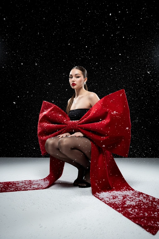 Создай изображение не меняя черты лица. Студийный портрет в стиле рождественской/новогодней модной кампании. Я в элегантной, присевшей позе, взгляд сфокусирован прямо в камеру. Огромный, гипертрофированно большой, роскошный бант из красного бархата, который обернут вокруг тела модели как кутюрный элемент одежды  с очень длинными, широкими ниспадающими концами, которые тянутся по полу. Бант и белый пол покрыты имитацией снега. Минималистичный черный топ без бретелей (bandeau) ,темные, полупрозрачные колготки, черные босоножки с открытым носом, на среднем каблуке. Гладко зачесанные назад волосы. Классический, выразительный макияж: яркая алая помада, четкие черные стрелки, хайлайтер. В ушах крупные, блестящие серьги-гвоздики.

Драматичное, контрастное студийное освещение (split lighting). Ярко освещенный белый пол/поверхность. Фон — глубокий черный, с эффектом динамично падающего яркого снега (snow dust effect).Фотография в высоком разрешении, гиперреализм, кинематографическое качество, профессиональный editorial-снимок для обложки Vogue, снято на камеру Hasselblad.