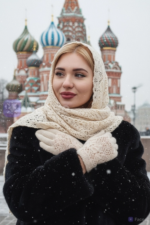 Не изменяйте черты лица. На фотографии портрет груди девушки. На ней чёрная шуба, плечи, голова и грудь обернуты светлым кружевным мохеровым шарфом. На ней также варежки из того же материала. Одна её рука касается другой, а ладони скрещены и мягко лежат на груди. Лицо девушки обращено к камере, взгляд направлен влево. На ней лёгкая задумчивая улыбка, ресницы густо накрашены. Фон — зимний, со снегом и собором Василия Блаженного в Москве. Фон сильно размыт. Идет снег. Легкий эффект холодной зернистости.