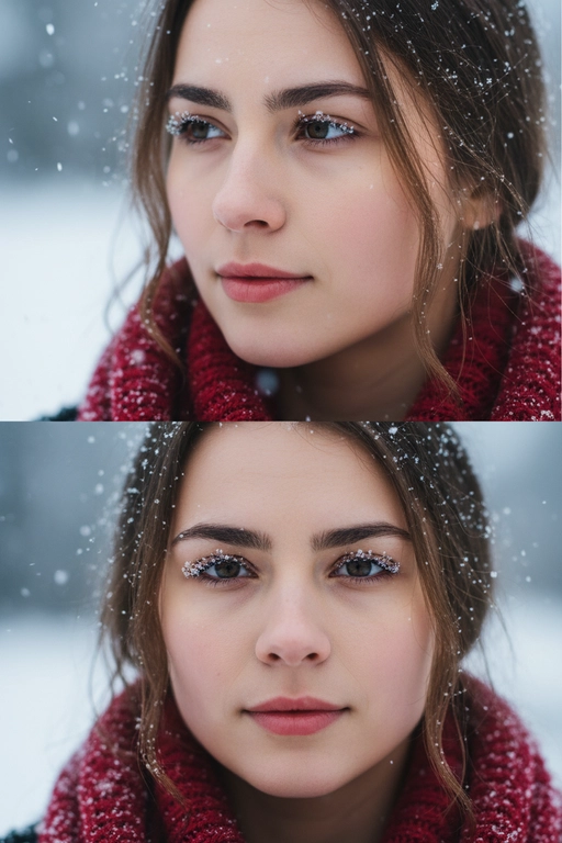 Создай коллаж из двух кадров человека, снятых крупным планом на улице зимой. Камера расположена близко, чтобы в кадре были видны лицо, шея и часть одежды. Главный акцент — на лице, глазах и снежинках, которые легли на волосы и ресницы.

Освещение мягкое, естественное, как в пасмурный зимний день. Вокруг падает лёгкий снег, отдельные снежинки чётко видны в воздухе и на коже. Фон — мягко размытый, с холодными оттенками (бело-голубой, серо-синий).

Первый кадр — человек смотрит в сторону, выражение мягкое, задумчивое, естественное. Крупный план лица, видно часть красного шарфа.
Второй кадр — прямой взгляд в камеру, нейтральное или лёгкое выражение лица, ресницы в снегу. Крупный план лица, видно часть красного шарфа.

Кожа чистая и естественная, без ретуши, текстура лица и губ сохранена. Фото выглядят как профессиональная зимняя портретная съёмка крупным планом, с эффектом свежести и спокойствия.

Оба кадра объединены в вертикальный коллаж в едином тоне и свете. Атмосфера — реалистичная, теплая и немного кинематографичная.