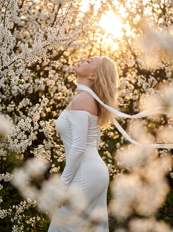 A woman standing among dense white blooming branches.
Side profile, body turned away, head tilted back upward toward the light, eyes closed.
Framing from mid-thigh to head.
Camera slightly below eye level, 85mm look.
Clothing:
Long white fitted dress with long tight sleeves and off-shoulder design (bare shoulders).
Accessory (CRITICAL):
A thin white ribbon scarf around her neck, very light fabric.
The ribbon flows in the wind and extends across the frame.
Flowers (CRITICAL):
Dense white blossoms surrounding the subject exactly like the reference.
Foreground flowers heavily blurred, partially covering bottom and right side.
Background filled with soft white blossoms and warm bokeh.
Lighting:
Golden hour sunlight from top right, strong warm backlight, glowing rim light on hair and shoulders, sun visible through branches.
Shallow depth of field, subject sharp, foreground/background soft.
Warm cinematic tones, soft highlights, photorealistic, high detail.