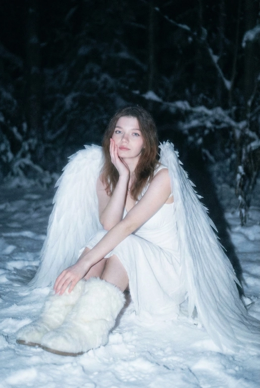  Создай фото человека на основе загруженной фотографии.
Белое платье без рукавов, пушистые белые сапоги, большие белые крылья, опущенные вниз, шире плеч.
Сидит на корточках на снегу, рукой касается щеки. На заднем плане заснеженный лес.
Ночная улица, тёмный размытый фон, вспышка.
Мягкое нечеткое фото: шум, зерно, лёгкое размытие, холодная атмосфера.