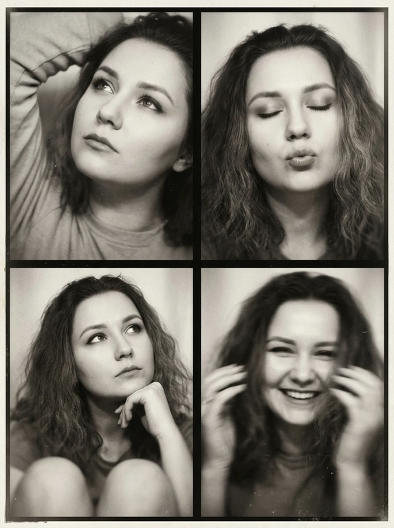 Photorealistic black-and-white vintage photobooth collage made of four frames in a 2x2 grid, separated by thin black dividers and surrounded by a slightly uneven paper border. Each frame shows the same woman in an intimate studio/photobooth setting against a plain light backdrop, captured with an authentic analog look: heavy film grain, soft contrast, halation, dusty scan artifacts, subtle scratches, and mild vignetting. Overall feel: 1990s/ early-2000s editorial photobooth print, raw and unretouched, candid "caught-between-moments" mood.
Use the uploaded photo as the basis and preserve the woman's face, makeup, likeness, and all original features without changing proportions or shape; keep natural facial micro-detail, pores, and subtle asymmetry, preserve the original head size.
Frame 1 (top-left): tight close-up, head tilted up and to the left, eyes looking upward, one arm raised behind the head, dreamy
Frame 2 (top-right): medium close-up, eyes closed, head slightly tilted, she subtly pushes/pouts her lips forward to show them (soft pout), calm playful mood; hair framing the face.
Frame 3 (bottom-left): medium close-up, seated with knees softly out of focus at the bottom, chin resting on one hand, gaze looking up to the right, thoughtful expression.
Frame 4 (bottom-right): medium close-up, the woman is laughing, but the frame is strongly blurred-heavy motion blur/defocus as if she moved during the shot; smile and face still recognizable, edges smeared, hair and hands noticeably streaked, imperfect photobooth misfire energy.
Print/scan look: monochrome with warm gray tones, slightly faded blacks, uneven exposure between frames, faint light leaks, paper texture visible, edges not perfectly straight, like a scanned photobooth print. High resolution, but intentionally imperfect, analog realism.