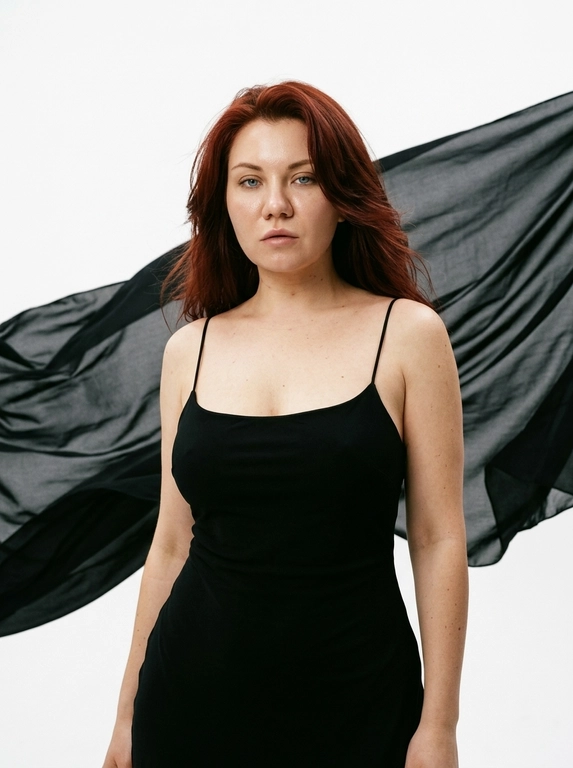 Создай ультрареалистичный студийный fashion-портрет, близкий кадр чуть ниже груди до бедёр. Модель стоит на чистой белой циклораме. За моделью натянута большая чёрная шифоновая ткань, которая развевается на ветру, создавая драматичный графичный фон и контраст с белым пространством студии.

Волосы живые, слегка растрёпаны ветром; часть прядей падает на лицо, создавая естественную динамику и выразительность.

Поза спокойная и уверенная, корпус слегка развёрнут к камере, плечи расслаблены. Взгляд направлен в камеру или чуть в сторону, выражение лица томное, собранное и кинематографичное. Макияж аккуратный и выразительный: подчёркнутые глаза, мягкий контуринг, естественное сияние кожи, губы пудрово-коричневого оттенка.

Лицо должно выглядеть живым и реалистичным: натуральная текстура кожи, видимые поры, естественные тени под глазами, реалистичные блики на коже, без пластиковой ретуши, без воскового эффекта, без чрезмерного сглаживания кожи, без beauty-фильтра. Кожа не должна выглядеть идеально гладкой или искусственной.

Освещение студийное, мягкое, но контрастное: свет подчёркивает лицо, волосы, линию плеч, фактуру платья и движение шифоновой ткани. Белая циклорама остаётся чистой и минималистичной, а чёрная ткань за моделью создаёт ощущение движения, глубины и драматичного editorial-кадра. Кинематографический эффект с лёгким плёночным зерном, RAW-style, high fashion editorial photography, sharp focus, high detail, реалистичные тени и блики, без текста и логотипов.

Какая будет одежда?: Модель одета в длинное чёрное платье по фигуре на тонких свободных бретелях. Платье выглядит элегантно, минималистично и дорого, мягко повторяет силуэт и подчёркивает fashion-настроение кадра.