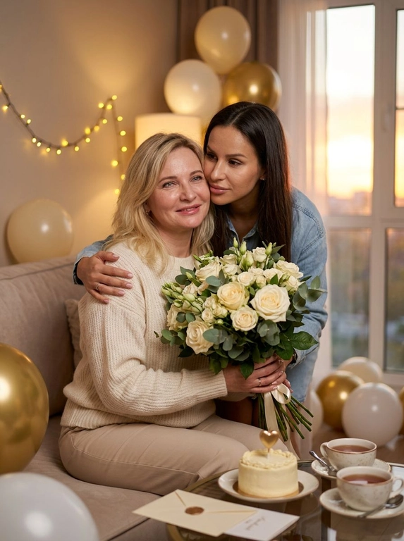 Используйте загруженные фотографии сохранив внешность на 100%.
лицо и фигура идеально выровнены, без каких-либо омоложений, изменений в чертах лица или фигуре, без каких-либо "улучшений". кожа - натуральная, с легкой текстурой, без пор и мелких морщинок, мягкими, яркими пятнами, без сглаживания и цифровой ретуши. Сцена: теплая, домашняя гостиная. Вечером в окно льется мягкий, теплый свет, в комнате горит настольная лампа, а фон украшает гирлянда желтых огоньков. Девушки сидят  на диване или в кресле, слегка повернувшись лицом к комнате. В руках у одной из них большой круглый букет из белых и кремовых роз с зеленью, аккуратно перевязанный шелковой лентой. На второй девушке легкая джинсовая блузка или мягкий уютный свитер и однотонные светлые брюки - образ в современных, спокойных, нюдовых оттенках. Рядом  сидит девушка - также на основе загруженной фотографии, с неизменными чертами лица – нежно обнимающий вторую девушку за плечи или сзади, слегка наклоняя голову к ее щеке. Эмоции: у одной из девушек теплая, слегка растроганная улыбка, в глазах легкий блеск.
Их окружают белые и золотые воздушные шары.
На столе перед ними лежат праздничные принадлежности: небольшой торт со свечой в форме сердца, две чашки чая/кофе и пара нераспечатанных конвертов с открытками. На задний план можно добавить несколько воздушных шаров светло-кремового цвета без текста. Формат кадра - вертикальный, 9х16, с кадром по пояс или чуть ниже, чтобы запечатлеть лица, букет и часть интерьера. Камера: профессиональная полнокадровая, объектив 50 мм f/1.8-2.0, небольшая глубина резкости, лица и глаза в идеальном фокусе, фон с мягким американским эффектом боке. Свет мягкий и теплый, как от заходящего солнца и ламп, с тонкими тенями, без резких бликов или затемнений. Это семейная съемка в стиле дорогого глянцевого журнала со сверхвысоким разрешением 8K, максимальной детализацией кожи, волос, тканей и предметов, без логотипов, текста или документов.