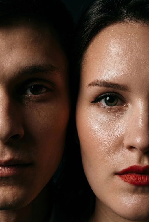   создай портрет, не меняя черты лица. Крупный план (extreme close-up) двух лиц людей, их лица прижатых друг к другу. Видны только половины каждого лица.
Драматичное освещение в стиле чиароскуро, глубокие тени.
Невероятная детализация кожи: видны поры, текстура, естественный блеск у женщины.
Выразительный взгляд прямо в камеру. Высокое разрешение, макросъемка, профессиональное студийное фото, 8K.