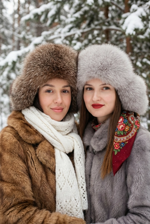 Создай кадр, который представляет собой теплый, уютный, слегка ностальгический зимний портрет в фэшн/фолк-стиле. Атмосфера спокойная, элегантная, дружеская близость двух моделей; сочетание высокой моды (мех, профессиональная ретушь) и фольклорной эстетики (вышитый шарф). Композиция и позирование: Форма кадра: портретный, вертикальный (соотношение примерно 3:4). Расположение: две женщины в центре кадра, тела и головы видны на груди; правая модель немного ближе к камере. Позы: девушки стоят близко друг к другу, левая модель слегка опирается на правую; плечи слегка повернуты к камере. Взаимодействие: мягкая улыбка, закрытое выражение лица, взгляд в камеру; дружелюбный, уверенный тон. Лица и макияж: Кожа: гладкая, естественная текстура, легкий эффект сияния. Глаза: аккуратные блики – оживляют взгляд; нейтральный/теплый макияж теней. Брови: естественная форма, слегка очерчены. Губы: у правой модели насыщенный матовый красный (центральный акцент), у левой – нежно-розовый нюдовый. Волосы: свободные пряди вокруг лица, несколько прядей с легкой волной для естественности. Шапки: большие пушистые меховые шапки с очень четко выраженной текстурой меха; справа – светло-серый мех, слева – коричневый мех. Форма: высокие, округлые, плотно сидят на голове, частично закрывают лоб – создают силуэт и рамку для лица. Верхняя одежда и текстуры: меховые пальто: густой натуральный мех у левой модели коричневый, у правой модели – светло-серый тон с видимым направлением волосков; богатая текстура и объем. У девушки справа на правом плече маленький платок с традиционным русским орнаментом – яркие цветы и листья, на фоне глубокого красного цвета с золотисто-терракотовыми, зелеными деталями; Тонкая бахрома ниспадает на ее плечо. У девушки слева на левом плече небольшой вязаный белый шарф с крупным ажурным узором, что добавляет контраста в текстуре и цвете. Окружение и фон: Лес: темные хвойные деревья, вертикальные силуэты стволов; снег на земле/вдали — размытый фон (боке).