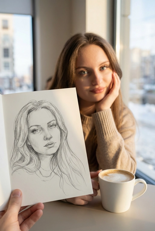 Используя загруженное эталонное фото этого человека, сохрани его черты лица, тон кожи, цвет и длину волос на 100% идентичными исходному изображению. Не меняй форму лица, индивидуальность, возраст или выражение. Сохрани реалистичную текстуру кожи и поры, избегая пластикового сглаживания или чрезмерной ретуши. Создай изображение человека с предоставленной фотографии, не изменяя его внешность и естественные особенности.
Снимок от первого лица: на переднем плане видна рука, держащая карандашный набросок портрета. На заднем плане, в легкой расфокусировке, сидит человек, по образу которого сделан этот рисунок. Композиция создает визуальный диалог между реальностью и искусством.
Человек на фоне смотрит в камеру с легкой, естественной улыбкой, подпирая щеку одной рукой и слегка наклонив голову. Макияж (если присутствует) естественный. На карандашном наброске изображено то же лицо, но с более спокойным, задумчивым и погруженным в себя выражением.
Человек на фоне одет в аккуратную, нейтральную повседневную одежду. На рисунке человек изображен в более свободном, художественном образе.
Сцена происходит в светлом, минималистичном дорогом кафе. Человек сидит за столом. На заднем плане видно большое окно с размытым городским зимним пейзажем. Перед человеком стоит керамическая белая кружка с капучино.
Золотой час. Яркий, но мягкий рассеянный дневной свет из бокового окна падает на лицо человека, создавая естественные блики и мягкие тени, подчеркивая уютную атмосферу.
Фотореалистичный стиль, имитация снимка на смартфон или цифровую камеру с портретным объективом. Малая глубина резкости (эффект боке): карандашный набросок в руке находится в идеальной резкости, а человек и фон — мягко размыты. Карандашный набросок должен выглядеть максимально реалистично, с видимой текстурой бумаги и штриховкой.