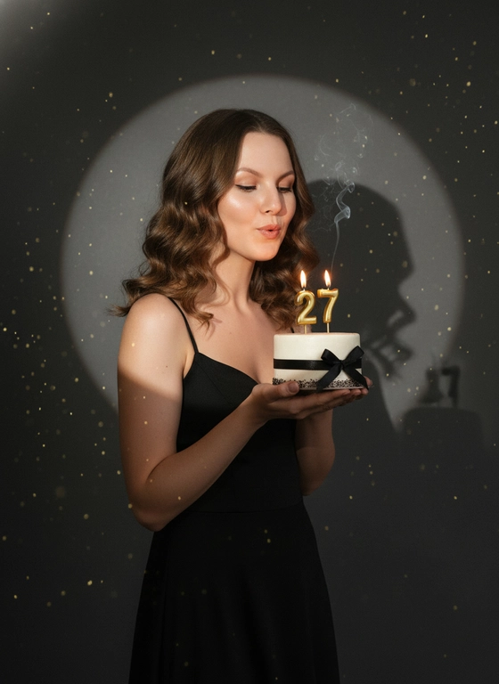 Фотореалистичный портрет женщины с точно таким же лицом, чертами, выражением и цветом волос, как на исходной фотографии - ничего не изменять. Атмосфера - день рождения: мягкий блеск свечи отражается на её лице, в воздухе лёгкие золотистые блёстки, создающие праздничное сияние. Фон темно-серый. Освещение студийное, контрастное, с кругом света на фоне, создающим выразительную тень. Волосы - волнистые, мягко подсвечены. Она немного стоит полубоком. Женщина держит в руках маленький праздничный торт, украшенным чёрными лентами и изящной цифрой из золотых свечей; Она сдувает свечу. Она одета в черное платье без рукавов. Свечки в виде цифр 27