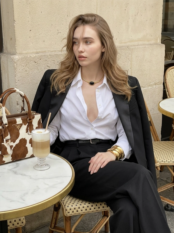 ultra realistic candid iPhone lifestyle shot of a woman seated at a small round white marble café table with polished gold rim, parisian terrace setting with textured beige limestone wall, shot on iPhone rear camera, eye-level slightly above chest, subtle handheld tilt, imperfect framing, NO depth of field, NO blur, everything sharp like real phone photo, natural soft daylight, warm creamy tone, muted contrast, lifted highlights, no deep blacks, slight iPhone processing, subtle micro-noise, relaxed editorial candid mood, woman leaning back into woven bistro chair, torso angled slightly right, head turned left looking off-frame, chin slightly lowered, soft detached expression, right arm resting near table, left hand placed on lap with fingers extended showing almond nude manicure, legs crossed at knees, wearing high-waisted black wide-leg wool trousers with sharp crease and fluid drape (The Row / Totême style), slim black leather belt, crisp white structured cotton shirt (The Row style) unbuttoned exactly to third and fourth buttons creating deep neckline with natural tension folds, oversized black tailored blazer (Saint Laurent style) draped over shoulders with visible satin lining, chunky gold cuff bracelets (Cartier / Saint Laurent style) stacked on wrist, rigid gold torque necklace with oval black cabochon stone centerpiece (Bottega Veneta / Elsa Peretti aesthetic), structured Prada Galleria-style top-handle bag in brown and white cow print pony hair with gold hardware and triangle logo placed on table, clear footed café glass with layered iced latte foam and straw, hair styled in voluminous blowout with lifted roots and soft brushed-out bends flowing over shoulders and chest, strands partially covering one eye, skin clean, flawless, smooth, beautiful, even, real, natural texture, visible pores