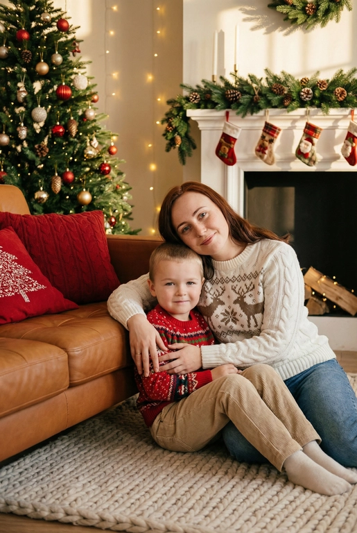   Создай трогательный кадр из профессиональной фотосессии в студии, где запечатлен момент семейной близости. Люди на фото могут быть как взрослыми так и детьми, в зависимости от предоставленных фото. Сделай так, чтобы все они смотрелись гармонично и трогательно. Фото в стиле Энни Лейбовиц, четкий фокус.

Люди в расслабленных позах на низком коричневом кожаном диване и на плотном светлом вязаном ковре. Естественные прически и минимальный макияж. 

Студия украшены в рождественском или новогоднем стиле, рядом с диваном стоит елка, позади дивана камин. Каминная полка украшена еловой гирляндой, шишками и маленькими рождественскими носочками. На диване красные декоративные подушки. В студии висят теплые гирлянды и мягко светятся.  

На фото видно лица людей и они смотрят в камеру.
 
Освещение мягкое, естественное, теплое, в стиле "Золотой час", мягкие тени, камера на уровне глаз, теплый цветовой грейд (золотисто-коричневые тона), натуральные оттенки, тонкая ретушь, мягкая пленочная текстура, атмосфера уюта, семейного тепла и близости. Одежда в новогоднем стиле: уютные свитера - красного или белого цвета, с узорами или вышивкой оленя, джинсы и бежевые брюки 