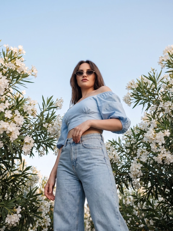 Фотореалистичная летняя fashion-съёмка женщины среди цветущих белых олеандров в средиземноморском стиле. Камера расположена очень низко, практически на уровне талии женщины, и направлена вверх под углом около 65 градусов. Выраженный low-angle shot. Женщина возвышается над камерой и занимает центральную часть кадра. Корпус слегка развёрнут в сторону. Одна рука расслабленно опущена вдоль тела и касается пояса, вторая рука свободно согнута перед собой в естественной fashion-позе. Голова слегка поднята вверх. Женщина смотрит поверх камеры уверенным расслабленным взглядом. Макияж в стиле clean girl aesthetic: натуральные брови, лёгкий контуринг. Женщину со всех сторон окружают густые ветви белого цветущего олеандра. Цветы и листья образуют естественную рамку вокруг модели. Большая часть верхней половины кадра заполнена чистым светло-голубым небом. Съёмка ведётся объективом 35mm. Естественное мягкое вечернее освещение перед закатом, без жёстких теней. Высокая детализация кожи, ткани, цветов и листвы. Кинематографичная обработка в стиле Mediterranean summer editorial, soft film look, Kodak Portra 400 color grading, пастельные голубые и кремовые оттенки, мягкий контраст, лёгкое плёночное зерно, effortless luxury aesthetic, vacation fashion photography, candid editorial style, ultra realistic details.

Какая будет одежда? : На ней укороченный голубой топ с открытыми плечами и объёмными короткими рукавами, светло-голубые широкие джинсы с высокой посадкой.

В очках или без?: На лице стильные узкие солнцезащитные очки овальной формы.