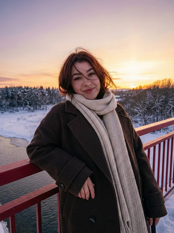   Создай портрет, не меняя черты лица.Женщина   На фоне красивого зимнего заката. Одета в темно коричневое оверсайз пальто, молочный большой шарф, волосы развивает ветер, легкая улыбка, макияж безупречный.  Она  опирается на красные перила моста. Зимний пейзаж, заснеженные деревья на заднем плане, сумерки. Мягкое закатное освещение, приглушенные цвета, кинематографичный стиль, легкая зернистость пленки, высокая детализация, 8К. 