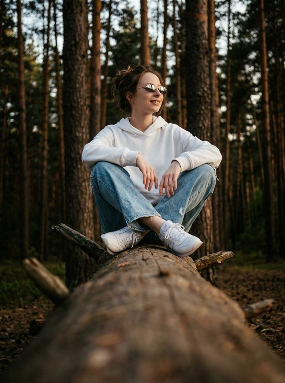 Объектив 35mm, f/1.8, камера расположена очень низко прямо вдоль массивного поваленного дерева, создавая сильную перспективу переднего плана — текстура коры крупно размывается к камере и уводит взгляд к модели. Модель сидит на бревне по-турецки, ноги скрещены перед собой, локти расслабленно опираются на колени, кисти свободно свисают между ног. Корпус слегка подан вперёд, плечи расслаблены, голова повёрнута в сторону, на лице мягкая улыбка без зубов, взгляд направлен вдаль мимо камеры, создавая спокойную уютную атмосферу caught candid moment. На ней белое oversize худи из плотного премиального хлопка с объёмным капюшоном и длинными рукавами, синие свободные джинсы с потёртостями и слегка выцветшей текстурой денима, на ногах белые кроссовки в стиле New Balance с массивной подошвой. На глазах узкие прямоугольные солнцезащитные очки Miu Miu без оправы с серыми зеркальными стёклами. Высокие хвойные деревья вокруг, cinematic forest atmosphere, тёплый вечерний свет проходит сквозь ветви, глубокие тени и мягкие золотисто-коричневые оттенки, moody underexposed fashion photography, intentionally lowered exposure, rich shadows, subtle warm highlights, лёгкая плёночная зернистость, RAW photo, реалистичная текстура кожи, объёмное боке, luxury Pinterest editorial aesthetic.

Какая будет прическа?: Волосы уложены в небрежный пучок