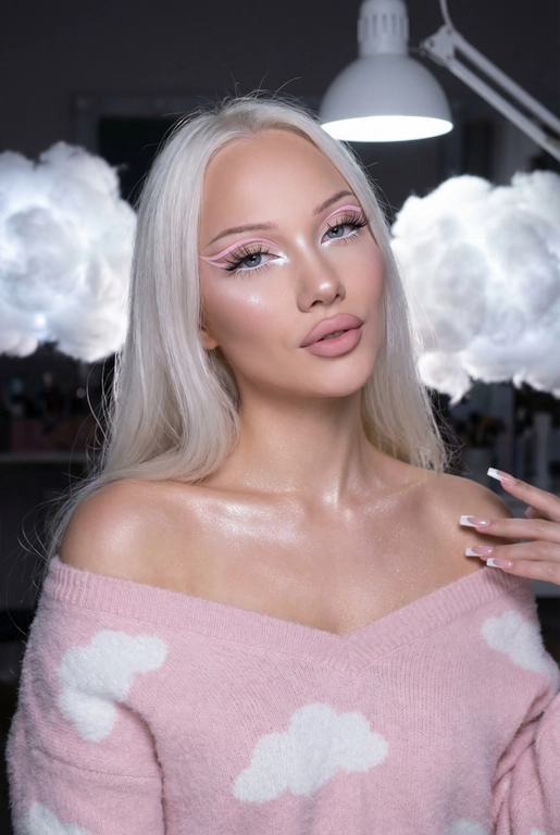 Крупный план лица девушки в стиле «высокой моды». Элегантный макияж глаза с длинными острыми нежно розовые двойные изогнутые стрелки, длинные густые ресницы эффект лучики, нижние густо ресницы накрашены белым и белый каял карандаш на нижнем веке белый Хайлайтер во внутренних уголках и скулах. Губы слегка приоткрыты в легкой ухмылке в легком блеске. Голова наклонена в сторону. На ней пушистый дорогой кашемировый нежно розовый свитер с белыми облаками плечи открыты.
За ней свисают объемные пушистые облака из ваты подсвеченные белым изнутри. Тело и декольте подсвечены хайлайтером и шиммером. Высокая детализация текстур кожи, одежды и волос. Черты лица-полностью сохранены как на референсном фото.
Ногти френч квадрат длинные.
На фоне светлая большая бьюти студия, вокруг темно, ее лицо освещено яркой лампой.  Волосы длинные белые  блестящие , матовые губы , Голубые глаза 