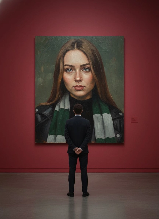 Создай сцену в галерее современного искусства, используй прилагаемое изображение лица и внешности человека, не меняя черты лица. На стене висит большой портрет человека маслом. Её лицо и верхняя часть тела написано в реалистичной, экспрессивной манере масленной живописи с текстурированными мазками и приглушенными цветами. Чистая красная стена галереи создаёт профессиональную атмосферу выставки благодаря мягкому освещению, освещающей произведения искусства. Перед картиной с видом сзади, стоит мужчина рассматривая картину, что придаёт сцену кинематографическое и таинственное настроение.