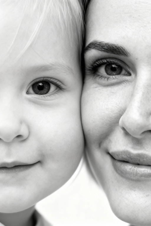 Сверхреалистичная черно-белая художественная фотография 8K женщины и ребенка, снятая очень крупным планом, щека к щеке так что видны только правая половина лица женщины и левая половина лица ребенка. которые смотрят в камеру. Их лица расположены рядом, почти соприкасаясь, образуя идеально сбалансированную симметричную композицию. Каждая деталь передана с фотографической точностью: тонкая текстура кожи и плавные градиенты света и тени. Видимая половина женщины включает ее бровь, один глаз , часть ее носа, щеку и губы, слегка приоткрытые в нежной, естественной улыбке, Видимая половина ребенка включает один глаз , круглую мягкую щеку, часть носа и небольшую улыбку, Фон белый и слегка размытый, что подчеркивает эмоциональную близость между ними. Освещение мягкое и рассеянное, создает деликатный контраст и тональную глубину. На снимке запечатлены нежность, близость и связь между матерью и ребенком, запечатленные с потрясающей реалистичностью. Не меняй черты лиц. 