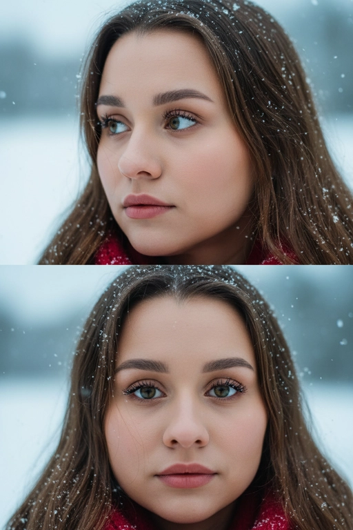 Создай коллаж из двух кадров человека, снятых крупным планом на улице зимой. Камера расположена близко, чтобы в кадре были видны лицо, шея и часть одежды. Главный акцент — на лице, глазах и снежинках, которые легли на волосы и ресницы.

Освещение мягкое, естественное, как в пасмурный зимний день. Вокруг падает лёгкий снег, отдельные снежинки чётко видны в воздухе и на коже. Фон — мягко размытый, с холодными оттенками (бело-голубой, серо-синий).

Первый кадр — человек смотрит в сторону, выражение мягкое, задумчивое, естественное. Крупный план лица, видно часть красного шарфа.
Второй кадр — прямой взгляд в камеру, нейтральное или лёгкое выражение лица, ресницы в снегу. Крупный план лица, видно часть красного шарфа.

Кожа чистая и естественная, без ретуши, текстура лица и губ сохранена. Фото выглядят как профессиональная зимняя портретная съёмка крупным планом, с эффектом свежести и спокойствия.

Оба кадра объединены в вертикальный коллаж в едином тоне и свете. Атмосфера — реалистичная, теплая и немного кинематографичная.