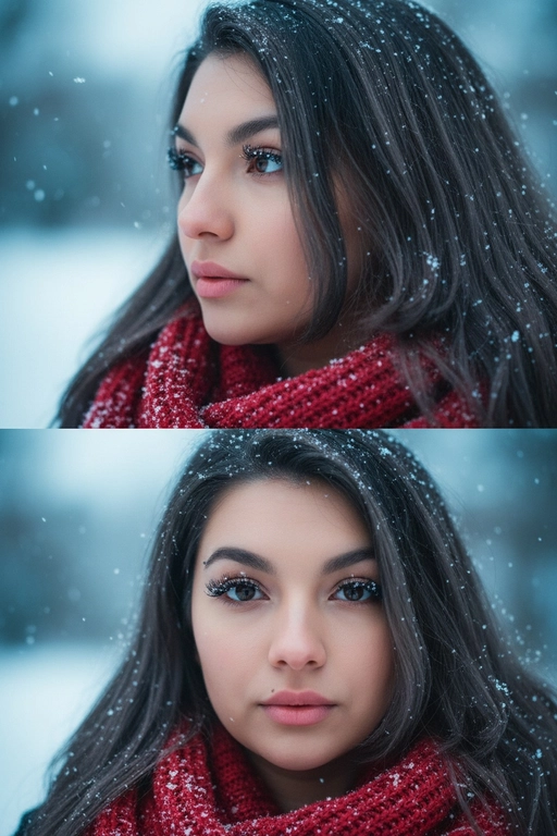 Создай коллаж из двух кадров человека, снятых крупным планом на улице зимой. Камера расположена близко, чтобы в кадре были видны лицо, шея и часть одежды. Главный акцент — на лице, глазах и снежинках, которые легли на волосы и ресницы.

Освещение мягкое, естественное, как в пасмурный зимний день. Вокруг падает лёгкий снег, отдельные снежинки чётко видны в воздухе и на коже. Фон — мягко размытый, с холодными оттенками (бело-голубой, серо-синий).

Первый кадр — человек смотрит в сторону, выражение мягкое, задумчивое, естественное. Крупный план лица, видно часть красного шарфа.
Второй кадр — прямой взгляд в камеру, нейтральное или лёгкое выражение лица, ресницы в снегу. Крупный план лица, видно часть красного шарфа.

Кожа чистая и естественная, без ретуши, текстура лица и губ сохранена. Фото выглядят как профессиональная зимняя портретная съёмка крупным планом, с эффектом свежести и спокойствия.

Оба кадра объединены в вертикальный коллаж в едином тоне и свете. Атмосфера — реалистичная, теплая и немного кинематографичная.
