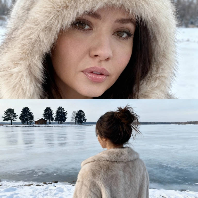 Создай коллаж не меняя черты лица. Верхний кадр (Крупный план лица в капюшоне): Детальный, крупный, чувственный портрет молодой женщины, снятый с очень близкого расстояния. Мое лицо обрамлено меховым  капюшоном светлого цвета. Фон зимний. У меня натуральный, свежий макияж (румянец, блеск для губ). Выражение лица, спокойное, взгляд в камеру. Стиль: кинематографическое качество, глянцевая фэшн-фотография, гиперреализм, мягкое, естественное, зимнее освещение. Нижний кадр (Спиной к озеру): Я в светлой меховой шубе, стою спиной к камере. У меня собраны волосы в небрежный пучок, снизу. я стою на краю, покрытого льдом озера. на горизонте видно несколько темных деревьев и небольшой деревянный домик. Стиль: портрет по пояс, пейзажная фотография, зимний романтизм, кинематографический кадр, естественное дневное освещение. Профессиональная студийная/журнальная съемка, идеальный свет, качество 8К.