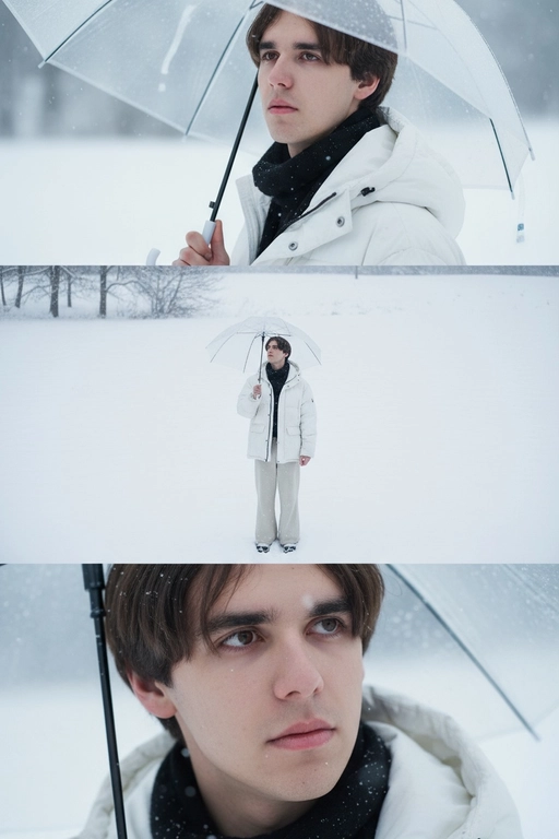 Создай вертикальный кадр, разделённый на три горизонтальных изображения одинакового размера, расположенных рядом. Главный персонаж основан на референсном лице, причёске и фигуре: фигура с выражением грусти и ностальгии, с глубокими глазами, излучающими одиночество. Наряд представляет собой свободный белый зимний пуховик, широкие брюки и чёрный шарф. Общая атмосфера утопает в белом снеге, холодная цветовая палитра навевает меланхолию и одиночество. Изображение 1 (портрет): Персонаж держит прозрачный зонт, слегка откинув голову назад и глядя прямо в кадр через плечо. Выражение лица печальное, взгляд проникновенный. Фон размыт снежной белизной. Изображение 2 (в полный рост): Персонаж с зонтом стоит один на бескрайнем заснеженном поле, идя и глядя в небо. Камера направлена ​​сверху вниз, как будто персонаж поднимает руку, чтобы поймать падающие снежинки. Вдали виднеются несколько голых деревьев без листьев. Сцена передаёт ощущение ничтожности и изолированности на фоне бескрайности природы. Изображение 3 (крупный план): Увеличенный кадр глаз персонажа с отстранённым, печальным взглядом, вызывающим чувство одиночества и тоски.