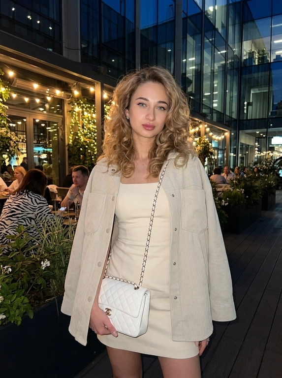 Фотореалистичное фото, снятое на iPhone, в эстетике elegant night outfit, feminine luxury vibe, Pinterest style. Кадр по бёдра или чуть ниже, модель находится на фоне стильного вечернего кафе или летней террасы. Фото выглядит естественно, как живой городской кадр без студийной постановки.

Модель с вечерним glam-макияжем: кожа с натуральной текстурой, длинные ресницы, подчёркнутые глаза, мягкий контуринг и розовые глянцевые губы. Выражение лица спокойное, мягкое, отстранённое и уверенное.

На модели через плечо белая стёганая сумка на цепочке. Образ элегантный, дорогой, вечерний и женственный.

Модель стоит в расслабленной fashion-позе: корпус слегка изогнут, одна рука заведена назад или лежит у талии, другая естественно держит сумку на плече. Голова немного наклонена в сторону, взгляд мягкий и уверенный. Поза плавная, женственная, с акцентом на талию, разрез юбки, сумку и силуэт.

На заднем плане вечерняя летняя терраса или вход в красивое кафе: мягкий тёплый свет лампочек сверху, цветы в кашпо, светлый декор, стеклянные панели, уютная ночная городская атмосфера. Фон слегка размыт, но читается как стильное модное заведение.

Освещение мягкое ночное, смешанное: тёплые лампы сверху и лёгкая холодноватая подсветка заведения на фоне. Свет не выглядит как студийный свет.

Цветокор cinematic: глубокие мягкие тени, сочетание голубовато-белых и тёпло-золотистых оттенков, лёгкий контраст, натуральные цвета, без чрезмерного HDR и без глянцевой рекламной обработки. Естественная текстура кожи, soft shadows, real life shot, iPhone photo, casual luxury lifestyle, no studio lighting, no CGI, no plastic skin, no over-retouching.

Какая будет одежда?: На модели короткое лаконичное платье молочного или пудрового оттенка и свободный oversized-жакет поверх. Жакет мягко спадает с плеч, создавая расслабленный fashion-силуэт. Образ современный, вечерний, стильный и немного дерзкий.

Какая будет прическа?: мягкие крупные локоны без сильной фиксации, волосы выглядят объёмно, живо и естественно, с лёгким движением в ночном свете.