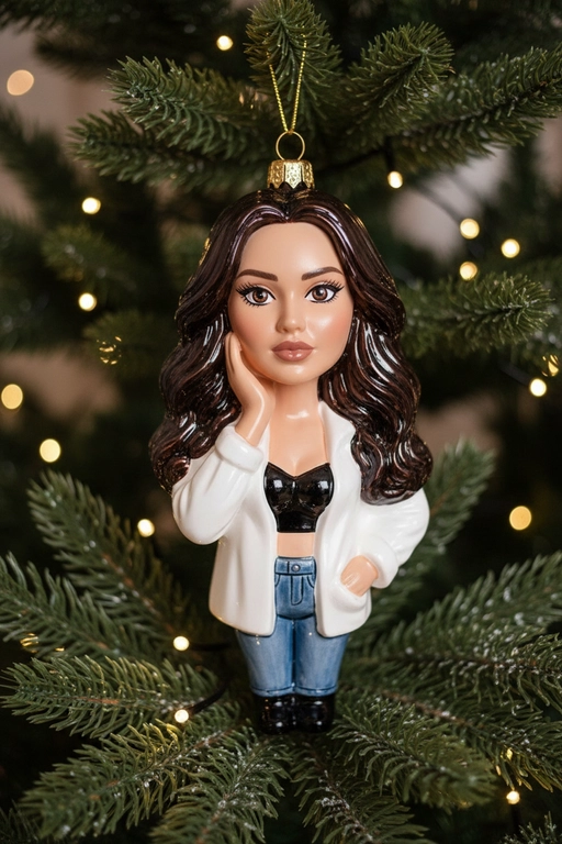 Создайте ёлочное украшение в виде мини-фигурки персонажа с моей фотографии: выдувное стекло, глянцевая лакированная поверхность, яркие чистые цвета, блики и немного прозрачности. Постарайтесь максимально приблизить черты лица и причёску, сделайте голову крупнее, а тело — меньше, в милом игрушечном стиле. Добавьте золотую петельку для подвешивания и повесьте украшение на ёлочную ветку с мягкими гирляндами боке и тёплой праздничной подсветкой на заднем плане.  Если на моей фотографии несколько человек, то сделай несколько игрушек, висящих рядом.