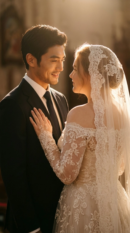 A realistic and believable shot of a couple.

Pose
The man and woman stand half-turned toward each other, creating a romantic and intimate moment. The man is on the left, softly gazing at the woman with a smile, his body slightly turned toward her. The woman stands with her back to the viewer, but has turned her head in profile to meet her partner's gaze. Her right hand rests gently on the man's chest, emphasizing the couple's closeness.

Angle
The photograph is taken from eye level, mid-ground (waist-length). The camera is positioned to focus on the couple's interaction and emotions, shifting slightly to the side to capture both their profiles.

Clothing
The man is wearing a classic dark suit with a white shirt and a dark tie. The woman is wearing an off-the-shoulder wedding dress with long lace sleeves. The dress is richly decorated with a floral lace pattern, which also extends to the long, flowing veil covering her head.

Lighting
This is the key element of the photograph.  A backlighting effect (light coming from behind the couple) is used, creating a bright golden outline (halo) around the silhouettes. The light is soft, warm, and diffused, highlighting the edges of the couple's hair and veil, giving the scene a fairytale-like, ethereal quality. The couple's faces are softly lit, with emphasis on their profiles.

Camera Effect
A shallow depth of field is used, blurring the background completely, focusing attention solely on the couple. A subtle glow (soft focus or bloom effect) softens the contours and adds a cinematic, dreamy feel to the image. Color grading is done in warm tones.

Background
The background is virtually indistinguishable due to the intense blurring and specific lighting. It can be assumed that this is a dark or subdued room, like a church, where the focus is solely on the glowing spot behind the couple.

Hairstyle
The woman's hair is partially hidden by the veil covering her head; the veil must remain on her head. DO NOT CHANGE THE FACIAL FEATURES; THEY SHOULD BE THE SAME AS THE REFERENCE PICTURE.