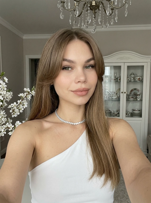 На этой фотографии запечатлена молодая девушка, делающая селфи от первого лица  в элегантном образе. Вот основные детали снимка:
Внешность и стиль
• Лицо и макияж: У девушки выразительные черты лица, аккуратно очерченные брови и черные длинные ресницы. Макияж выполнен в нюдовых тонах, с акцентом на полные губы, подчеркнутые помадой естественного оттенка. Она слегка улыбается, глядя в сторону.
• Прическа: У неё очень длинные, прямые волосы русые с объёмной челкой-шторкой, которая мягко обрамляет лицо.
• Одежда и аксессуары: На девушке белый топ на одно плечо. linapromts Образ дополняет изящное блестящее колье-чокер, похожее на бриллиантовую дорожку.
Обстановка и композиция
• Интерьер: Съемка проходит в помещении. На фоне видна классическая мебель (белый шкаф-витрина с посудой) и край нарядной хрустальной люстры сверху. Также слева можно заметить ветку белых цветов.
• Освещение: Свет мягкий и ровный, что придает коже сияние и создает спокойную, приятную атмосферу.Фотореализм, высокая детализация кожи, ткани и реквизита.
лёгкий цифровой шум, мягкая резкость, лёгкая зернистость, эффект живого кадра. Черты лица сохранены как на исходном фото