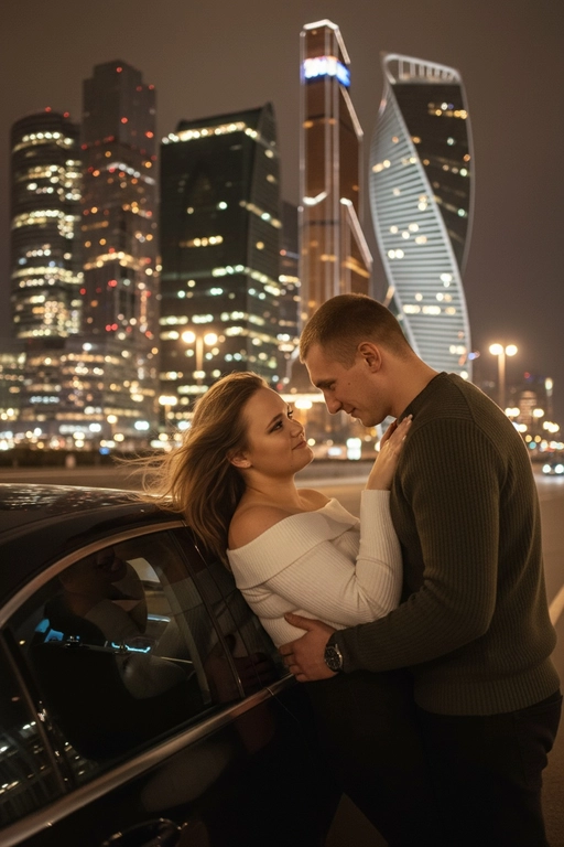 Используй предоставленные изображения и создай фото женщины и мужчины, в романтическом стиле, женщина облокотилась спиной на автомобиль, слегка откинувшись назад. ее слегка взъерошенные волосы мягко развеваются на ветру. Лицом к ней прижавшись стоит мужчина выше нее и одной рукой обнимает её за талию, а другой рукой опирается на машину. Влюбленно смотрит на женщину. На заднем плане изображена Москва-Сити, сияющая теплыми золотистыми огнями ночного города. Улица залита мягким городским светом, создающим гламурную и кинематографическую атмосферу. Поза женщины уверенная и в то же время игривая, и основное внимание уделяется взаимодействию между ней мужчиной. Освещение должно подчеркивать их силуэты, а отражения окружающих огней на стекле автомобиля должны создавать элегантную атмосферу. Не меняй одежду людей.
