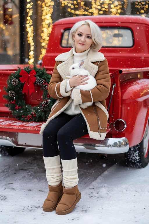 Портрет молодой женщины, сидящей на кузове винтажного красного грузовика. Девушка держит на руках животное. На ней коричневая дубленка с белой окантовкой из овчины по воротнику, манжетам и карманам, под дубленкой белый свитер с горловиной, черные лосины тканевые без блеска, на ногах укороченные, высотой до щиколоток коричнево-бежевые угги на платформе и кремовые гетры до середины икр, выглядывающие из уггов. 
Девушка смотрит в камеру, на ее лице легкая улыбка. 

На грузовике — праздничный рождественский венок. На земле лежит снег.

Мягкий снег падает. Атмосфера — реалистичная, теплая и немного кинематографичная. Сияющие рождественские огоньки и украшения создают яркую теплую атмосферу. Разрешение 8K, акцент на текстуру одежды, снег и сверкающие огоньки на заднем фоне. —ar 3:4 —v.

Не меняй черты лица.  Без головного убора. Держит на руках белого кролика