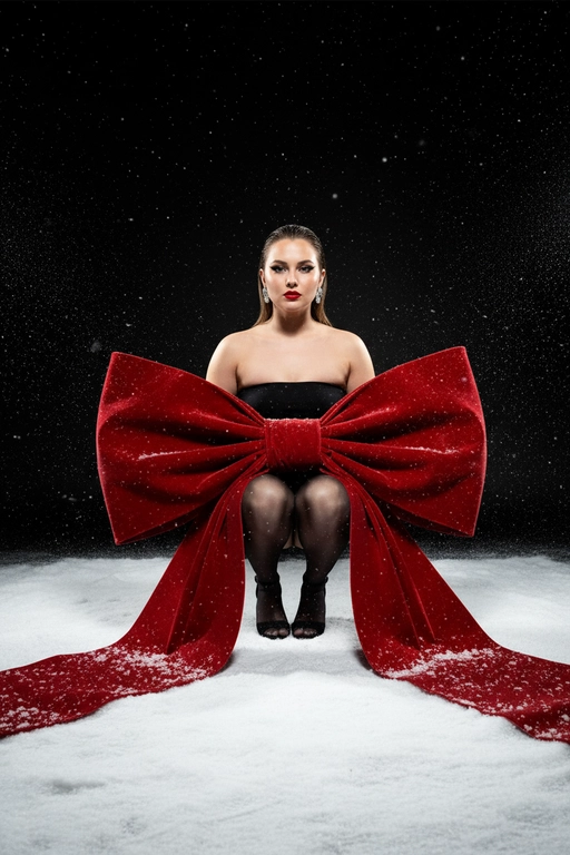 Создай изображение не меняя черты лица. Студийный портрет в стиле рождественской/новогодней модной кампании. Я в элегантной, присевшей позе, взгляд сфокусирован прямо в камеру. Огромный, гипертрофированно большой, роскошный бант из красного бархата, который обернут вокруг тела модели как кутюрный элемент одежды  с очень длинными, широкими ниспадающими концами, которые тянутся по полу. Бант и белый пол покрыты имитацией снега. Минималистичный черный топ без бретелей (bandeau) ,темные, полупрозрачные колготки, черные босоножки с открытым носом, на среднем каблуке. Гладко зачесанные назад волосы. Классический, выразительный макияж: яркая алая помада, четкие черные стрелки, хайлайтер. В ушах крупные, блестящие серьги-гвоздики.

Драматичное, контрастное студийное освещение (split lighting). Ярко освещенный белый пол/поверхность. Фон — глубокий черный, с эффектом динамично падающего яркого снега (snow dust effect).Фотография в высоком разрешении, гиперреализм, кинематографическое качество, профессиональный editorial-снимок для обложки Vogue, снято на камеру Hasselblad.