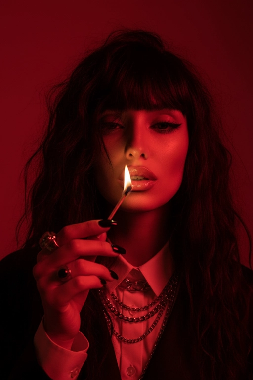 Используйте черты лица, как на прилагаемой фотографии.
смелый, кинематографичный портрет женщины, залитой темно-красным светом, которая подносит к губам зажженную спичку. Теплый отблеск пламени подчеркивает ее блестящие губы и создает эффектный отблеск на коже.
ее выражение ее лица напряженное и пленительное, обрамленное взъерошенными волосами, которые свободно ниспадают на лицо. На ней светлая рубашка и многослойные украшения, в том числе металлическая цепочка и крупные кольца. На ее длинных черных ногтях отражаются едва заметные блики света, усиливая мрачную, чувственную атмосферу. Красный фон и сдержанные тени придают глубину и визуальное напряжение, создавая эффектный образ в редакционном стиле.

Настройки камеры: iso 400, диафрагма f/2.0, выдержка затвора 1/160 сек, объектив 85 мм, ручная фокусировка, баланс белого 2800k, коррекция экспозиции -0,3 ev, подсветка одиночным пламенем с красной заливкой, минимальная зернистость, кинематографическое высококонтрастное освещение с плавными тональными переходами.