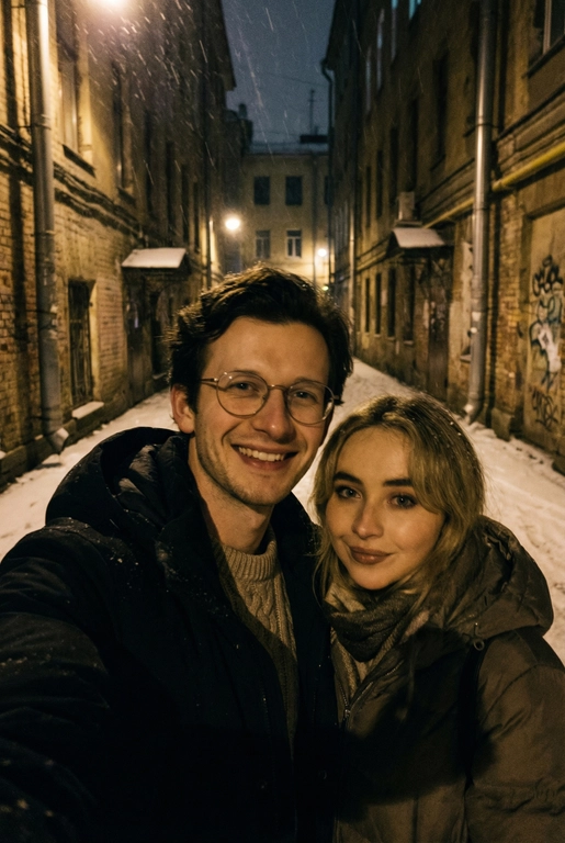 Спонтанное POV селфи людей на переднюю камеру iphone с близкого расстояния, глядя прямо в камеру. Сам телефон не виден. Ночь, зима, переулок в Москве. Фото темное, смазанное и реалистичное. Селфи с Сабриной Карпентер