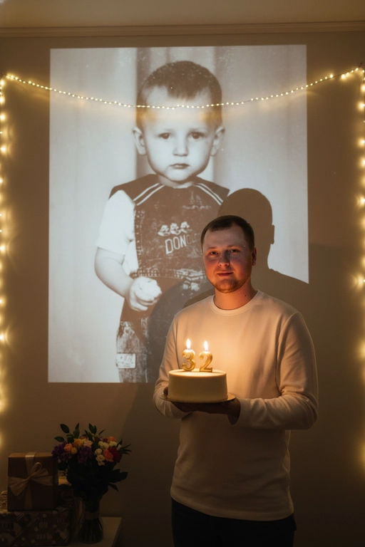 Создай ультрареалистичное фото, сделанное на камеру телефона в комнате, где изображен человек, который держит бенто торт с горящими золотыми свечами. В качестве фона на однотонную стену проецируется фотография из детства. Спроецированное фото занимает большую часть фона. Сочетание образов взрослого человека и ребёнка на фоне создаёт тёплую, ностальгическую атмосферу, подчеркивая связь между прошлым и настоящим. На стене висят гирлянды, рядом со стеной виднеются подарки и букет цветов. Снимок выглядит очень стильным и продуманным, присутствует ощущение праздника и воспоминаний. Не меняй внешность, полностью сохрани черты лица. Свечи на торте в форме числа 32.мужчина одета в молочную рубашку.