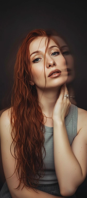 Создайте портрет женщины с длинными, волнистыми, влажными волосами, свободно ниспадающими на плечи, некоторые пряди прилипают к лицу. Она чувственно смотрит в камеру, слегка откинув голову назад, словно наслаждаясь мгновением покоя или чувственности. Её рука нежно лежит на шее, на пальце – эффектное сверкающее кольцо. Плечи опущены. Тёмный, почти однотонный и размытый фон подчёркивает силуэт и лицо женщины. Весь образ мастерски передан с помощью размытия в движении и световых бликов, которые создают ощущение естественного, сказочного движения головы и руки. Мягкие, тёплые тона, лёгкое свечение кожи и губ создают интимную, чувственную и таинственную атмосферу. Эффекты: размытие в движении, художественная длительная выдержка, тёплые тона, атмосфера сновидения. Макияж выразительный: длинные чёрные ресницы, бежевые тени с лёгким мерцанием, выразительные контуры и румяна, безупречная кожа и пухлые губы с нюдовым блеском и тёмно-коричневым карандашом для губ. Ухоженные брови с эффектом Bravenlifting. Длинные, заостренные ногти. Реалистичное фото, как будто снято на профессиональную камеру. Сохраните черты лица такими, какие они есть.