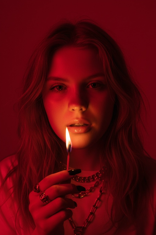 Используйте черты лица, как на прилагаемой фотографии.
смелый, кинематографичный портрет женщины, залитой темно-красным светом, которая подносит к губам зажженную спичку. Теплый отблеск пламени подчеркивает ее блестящие губы и создает эффектный отблеск на коже.
ее выражение ее лица напряженное и пленительное, обрамленное взъерошенными волосами, которые свободно ниспадают на лицо. На ней светлая рубашка и многослойные украшения, в том числе металлическая цепочка и крупные кольца. На ее длинных черных ногтях отражаются едва заметные блики света, усиливая мрачную, чувственную атмосферу. Красный фон и сдержанные тени придают глубину и визуальное напряжение, создавая эффектный образ в редакционном стиле.

Настройки камеры: iso 400, диафрагма f/2.0, выдержка затвора 1/160 сек, объектив 85 мм, ручная фокусировка, баланс белого 2800k, коррекция экспозиции -0,3 ev, подсветка одиночным пламенем с красной заливкой, минимальная зернистость, кинематографическое высококонтрастное освещение с плавными тональными переходами.