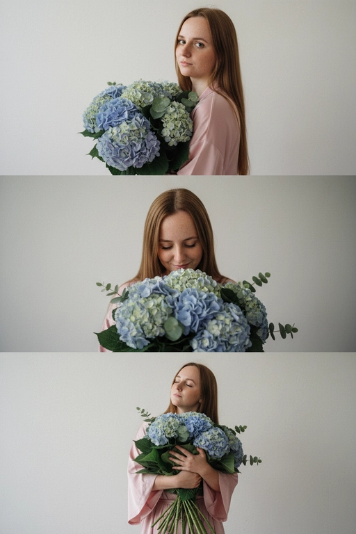 Не меняй черты лица, оставь их точь в точь как на загруженном фото, в том числе макияж и волосы.
Композиция из триптиха изображает женщину дома с цветами
На ней свободная пижама кимоно в пол нежно розового цвета.

На верхнем кадре портрет крупным планом, женщина смотрит в камеру лицо боком в руках у неё огромный букет. На заднем плане светлая стена размыты.

На центральном кадре сверхкрупный план, та же девушка, ее голова слегка наклоненная вперед, она принюхивается к букету, ее глаза закрыты, на лице легкая улыбка.  Кадр снятый с очень близкого расстояния, видно только часть огромного букета и лица  

На нижнем кадре портрет крупным планом изображена всё та же женщина, голова запрокинута вверх глаза закрыты, прижимает все тот же огромный букет к груди

Цветовая палитра приглушена, с нежными розовым, белым
Общий стиль наводит на романтику. Присутствует видимая зернистость.  Букет цветов -голубая гортензия с эвкалиптом