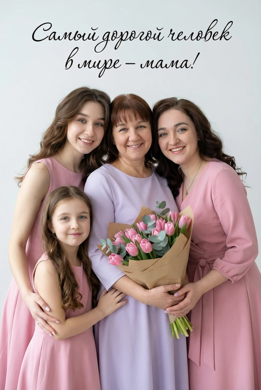 Создай трогательный кадр из профессиональной фотосессии в студии, где запечатлен момент близости матери и ее ребенка/детей. Дети могут быть как взрослыми так и детьми, в зависимости от предоставленных фото. Сделай так, чтобы все они смотрелись гармонично и трогательно. Мама одета в светлое платье. Ее дети/ребенок одеты в подходящую по стилю фотосессии. Освещение холодное. Фон светлый, бесшовный. Фото в стиле Энни Лейбовиц, четкий фокус. У мамы в руках букет розовых тюльпанов и эвкалипта в крафтовой бумаге. Люди смотрят в камеру с мягкой улыбкой. Наверху поверх фото красивым рукописным шрифтом с завитками написано:  Самый дорогой человек в мире – мама!
Используй эти изображения.
Ультрареалистичная фотография.
Схожесть лиц 100%. Не меняя ни на 1% черты лица.
Создай трогательный кадр из профессиональной фотосессии в студии,из 4 человек ,где запечатлен момент близости матери и ее взрослых дочеки маленькой внучки (9 лет). рост у всех, кроме девочки 9 лет одинаковый. Девочка 9 лет ростом 134 см. Спины прямые, Сделай так, чтобы все они смотрелись гармонично и трогательно. Мама одета в светлое лавандового цвета платье. Ее дети одеты в подходящую по стилю фотосессии одежду, в розовые платья. Освещение холодное. Фон светлый, бесшовный. Фото в стиле Энни Лейбовиц, четкий фокус. У мамы в руках букет розовых тюльпанов и эвкалипта в крафтовой бумаге. Люди смотрят в камеру с мягкой улыбкой. Наверху поверх фото красивым рукописным шрифтом с завитками написано:  Самый дорогой человек в мире – мама! У девочки 9 лет красивая прическа, у мамы и ее дочерей красивая прическа. Маме сделай красивый макияж и укладку