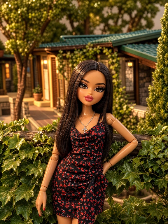Edit image 1 only.  

Выберите стиль: ransform the entire photo into a stylized **Bratz doll** scene.  Keep the original composition, camera angle, framing, pose, gesture, facial expression, outfit, and scene layout recognizable. Keep the people and objects from image 1 clearly based on the original photo, but reinterpret everything in the iconic Bratz aesthetic.  Style: turn all people into highly detailed **Bratz-inspired fashion dolls**; retain recognizable identity while giving them signature Bratz proportions: slightly oversized heads, large almond-shaped eyes with dramatic lashes, full glossy lips, defined makeup, and sleek stylized facial features; smooth glossy vinyl skin with a premium collectible finish; long, voluminous, perfectly styled hair; fashion-forward, glamorous appearance while preserving the original outfit; include articulated doll construction where appropriate: visible toy joints at the shoulders, elbows, wrists, hips, knees, and ankles, molded hands, premium fashion doll look.  Environment: transform the entire environment into a luxury Bratz-scale miniature world; furniture, decor, props, and background should resemble an upscale dollhouse or collectible playset with miniature, highly detailed accessories; preserve the original location and all objects, but reinterpret everything as premium toy-world versions.  Rendering: ultra-realistic 3D collectible fashion doll aesthetic; high-quality glossy vinyl and plastic materials; soft cinematic lighting; clean reflections; premium toy-commercial quality; highly detailed miniature set design; everything should feel like an official Bratz collector display rather than a cartoon.  Important: do not create a random new scene; do not change the identity of the people; do not replace the outfit; do not heavily alter the pose or composition; the result must clearly match the original image while transforming every element into a Bratz-inspired collectible doll world.  Mood: stylish, glamorous, playful, fashionable, luxurious, premium toy-commercial aesthetic.