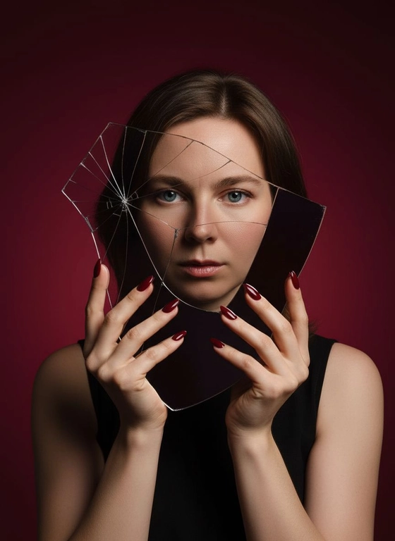 Создай фото для человека на предоставленном фото. Не меняй черты лица. Осколок разбитого зеркала держат изящные руки с длинными красными маникюром, отражая лицо человека. Выражение её лица серьёзное и выразительное. Фон — плавный градиент тёмно-красного цвета для эффектного контраста. Кинематографическое освещение с глубокими тенями, резкий фокус на глазах, сюрреалистичный и художественный стиль модной фотографии.