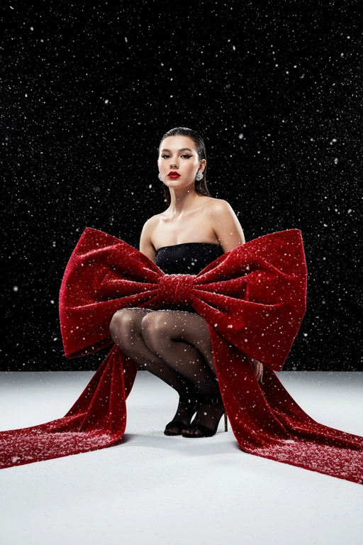 Создай изображение не меняя черты лица. Студийный портрет в стиле рождественской/новогодней модной кампании. Я в элегантной, присевшей позе, взгляд сфокусирован прямо в камеру. Огромный, гипертрофированно большой, роскошный бант из красного бархата, который обернут вокруг тела модели как кутюрный элемент одежды  с очень длинными, широкими ниспадающими концами, которые тянутся по полу. Бант и белый пол покрыты имитацией снега. Минималистичный черный топ без бретелей (bandeau) ,темные, полупрозрачные колготки, черные босоножки с открытым носом, на среднем каблуке. Гладко зачесанные назад волосы. Классический, выразительный макияж: яркая алая помада, четкие черные стрелки, хайлайтер. В ушах крупные, блестящие серьги-гвоздики.

Драматичное, контрастное студийное освещение (split lighting). Ярко освещенный белый пол/поверхность. Фон — глубокий черный, с эффектом динамично падающего яркого снега (snow dust effect).Фотография в высоком разрешении, гиперреализм, кинематографическое качество, профессиональный editorial-снимок для обложки Vogue, снято на камеру Hasselblad.