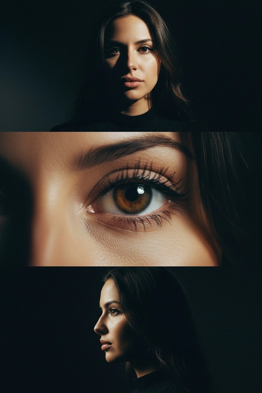 Создай коллаже из 3-х кадров на основе внешности человека на фото. Верхний кадр: человек смотрит в камеру с лёгким наклоном головы. Один глаз в свете, другой в тени — эффект таинственности. Чёрная одежда усиливает драму. Тёмный фон с мягким светом , подчёркивает лицо. 
Центральный кадр (глаз): крупный супер чёткий план её глаза - ресницы, радужка, отражения. Взгляд прямой и глубокий. Фон полностью чёрный. 
Нижний кадр: интенсивный уверенный взгляд человека влево, голова тоже повернута влево. Чёрная одежда, тёмный фон. Жесткий боковой свет, подчёркивающий контуры лица и создающий драматичные тени. Стиль: raw, винтажная плёночная зернистость, драматизм.