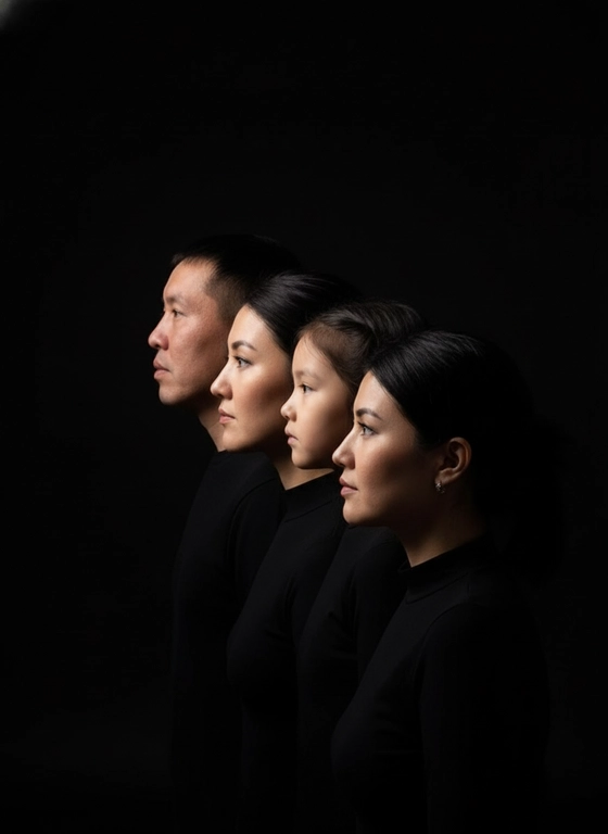 Профессиональный студийный портрет с низким контрастным светом. Головы расположены строго в одну линию, каскадом. боковой профиль, взгляд влево. У всех видны только головы и немного плечи. Черный фон. Черная одежда у всех. Люди занимают весь кадр. 4 человека. Порядок слева на право: отец-> мать-> две дочери 