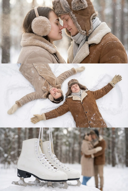   Зимняя фотосессия пары в заснеженном лесу. Мягкий дневной свет, лёгкий снегопад, холодная зимняя дымка. Она —в светло‑коричневой/бежевой дублёнке с видимым меховым воротником и манжетами и пушистых наушниках. Он — в коричневой дублёнке с меховыми манжетами, шапка- ушанка и светло-серый шарф. Атмосфера спокойная, романтичная, натуральный зимний пейзаж без лишнего декора. 

На одежде видны снежные хлопья, вещи выглядят мягкими и тёплыми.

Коллаж из трёх горизонтальных зимних кадров 

На верхней панели: Сверхкрупный план, их лбы/носы соприкасаются в нежном, интимном жесте. Ощущение близости и уюта.

На среднем панели:  Вид сверху на пару, они лежат на спине и делают снежного ангела, раскинутые руки, она в кремовых вязаных варежках, он в бежевых кожаных перчатках.

На нижней панели: Крупный план детали: белые классические фигурные коньки на фоне пары