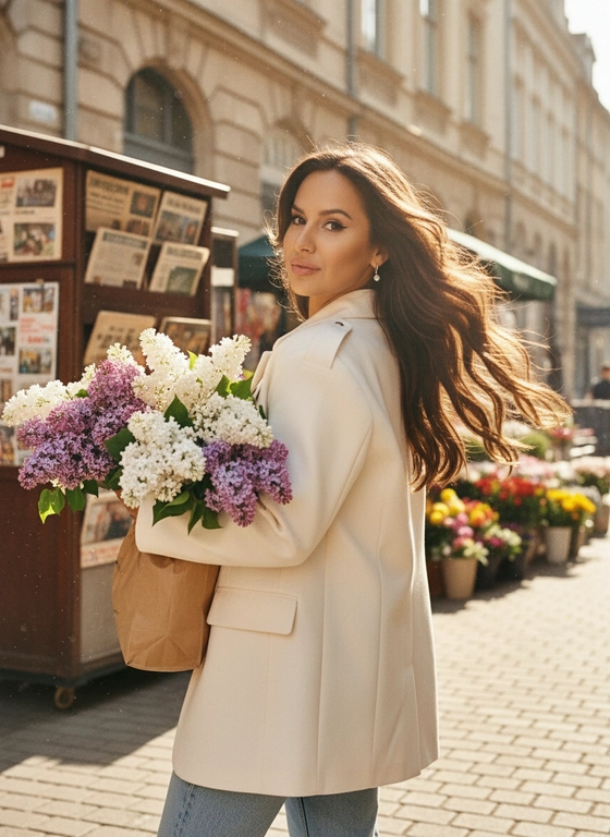 Создай фото, не меняя черты лица и цвет волос.
Фотореалистичный уличный кадр, высокая детализация. 
Фон - старый киоск с газетами, здания, цветочные киоски 
Кинематографический эффект с добавлением пленочного зерна, фото на камеру Kodak. 
Освещение - карамельные оттенки фото, теплые солнечные лучи, легкая пыльца отражается в лучах света. 
Весенний день, женщина повернута чуть спиной к камере с лёгким поворотом головы в камеру без искажений ее черт лица ,взгляд на букет кокетливый, густые волнистые волосы распущены развивает ветер.
На руке у нее висит крафтовый пакет, из пакета выглядывают пышные соцветия белой и сиреневой сирени, их много, очень объемные шапочки. 
Одежда — элегантное оверсайз пальто кремового цвета со спущеным плечом и лацканами на плечах и рукавах, джинсы светло голубые и Майка белая облегающая. 
 Ракурс — уровень улицы, чуть заниженный угол, чтобы подчеркнуть масштаб фотографии.
Фото в движении: намеренное смазывание ее волос, для ощущения динамики.
Эффект движения максимальный: сверхдлинная выдержка, экстремальный motion blur,  смазывание. 
Макияж: длинные ресницы, нюдовые губы, контуринг, стрелковый макияж черный; общий тон кадра — романтичная, задумчивая и элегантная атмосфера, легкая полуулыбка на лице. фотореализм, высокое разрешение. 
снято со вспышкой
Соотношение сторон 9:16