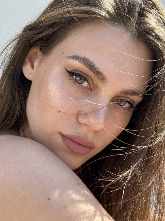 Ультрареалистичная фотография, случайный живой портрет, снятый на iPhone 17 Pro. Эффект настоящего кадра, сделанного в моменте, без постановочности, без фильтров и ретуши.

Внешность полностью сохранена без изменений. Женщина смотрит прямо в камеру. Голова слегка наклонена в сторону и опирается на плечо, плечо частично закрывает лицо. Выражение загадочное, притягательное и естественное.
Волосы активно развеваются ветром, отдельные пряди частично закрывают лицо и глаза, создавая эффект живого случайного кадра. Максимальная детализация отдельных волосков.

Легкий макияж с акцентом на глаза: длинные объемные ресницы, стрелки cat-eye на верхнем веке, идеально оформленные брови. Нюдовая матовая помада оттенка пыльной розы с контуром на тон темнее, влажный хайлайтер на скулах и переносице.

Одежда не видна. Основной акцент на лице, глазах и волосах.

Яркий прямой солнечный свет падает под углом на лицо, интенсивно подсвечивая глаза, подчеркивая глубину радужки, длинные ресницы и естественные блики в глазах. Солнечные лучи создают красивые световые акценты в волосах и на коже.

Естественная текстура кожи с видимыми порами, микрорельефом, легкими несовершенствами, едва заметными капиллярами в глазах. Живая кожа без эффекта пластика. Легкий цифровой шум, характерный для реальной фотографии.

Shot on iPhone 17 Pro, natural light, candid portrait, hyper detailed iris, visible skin pores, realistic skin texture, unedited RAW photo, depth of field, soft highlights, windblown hair, authentic photography, photorealistic, ultra realistic, 8k.